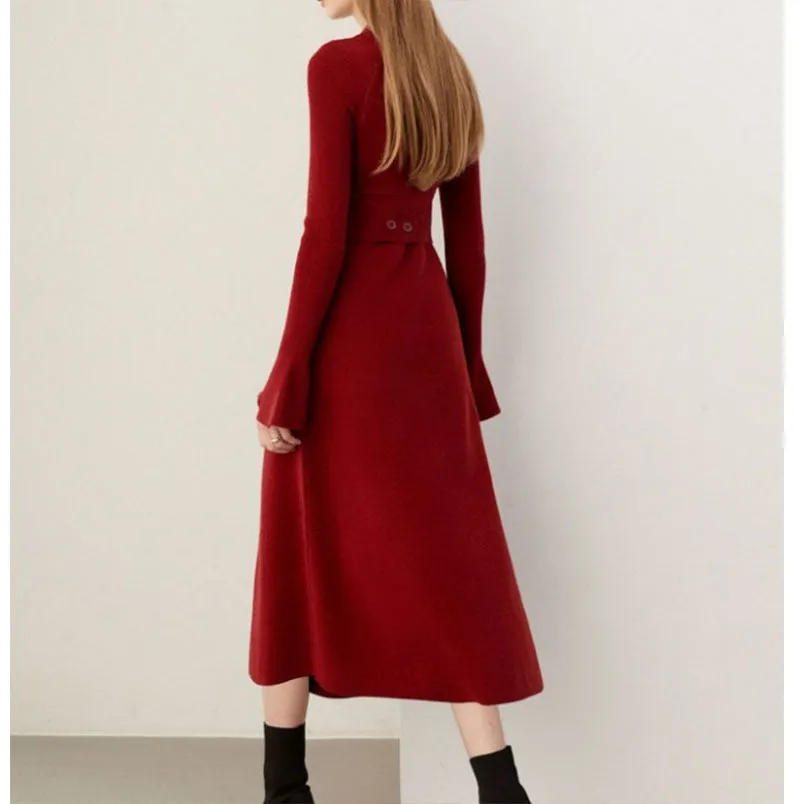 Toleet winter outfits Black Friday Christmas Thanksgiving French Style Red Knitted Dress Women's Autumn and Winter Half Turtleneck Hollow-out Slim Sweater Dress