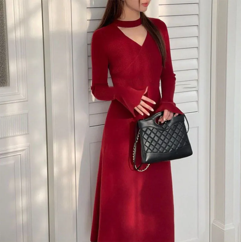 Toleet winter outfits Black Friday Christmas Thanksgiving French Style Red Knitted Dress Women's Autumn and Winter Half Turtleneck Hollow-out Slim Sweater Dress