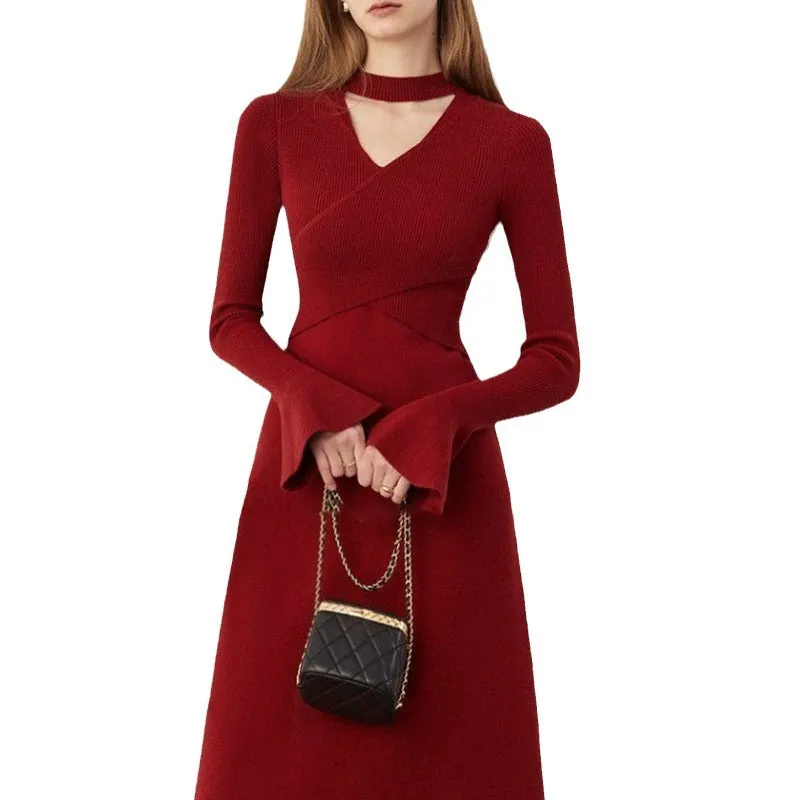 Toleet winter outfits Black Friday Christmas Thanksgiving French Style Red Knitted Dress Women's Autumn and Winter Half Turtleneck Hollow-out Slim Sweater Dress
