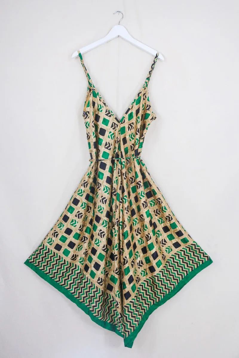 Winona Jumpsuit - Vintage Sari - Gold & Emerald Checkered Print - S/M