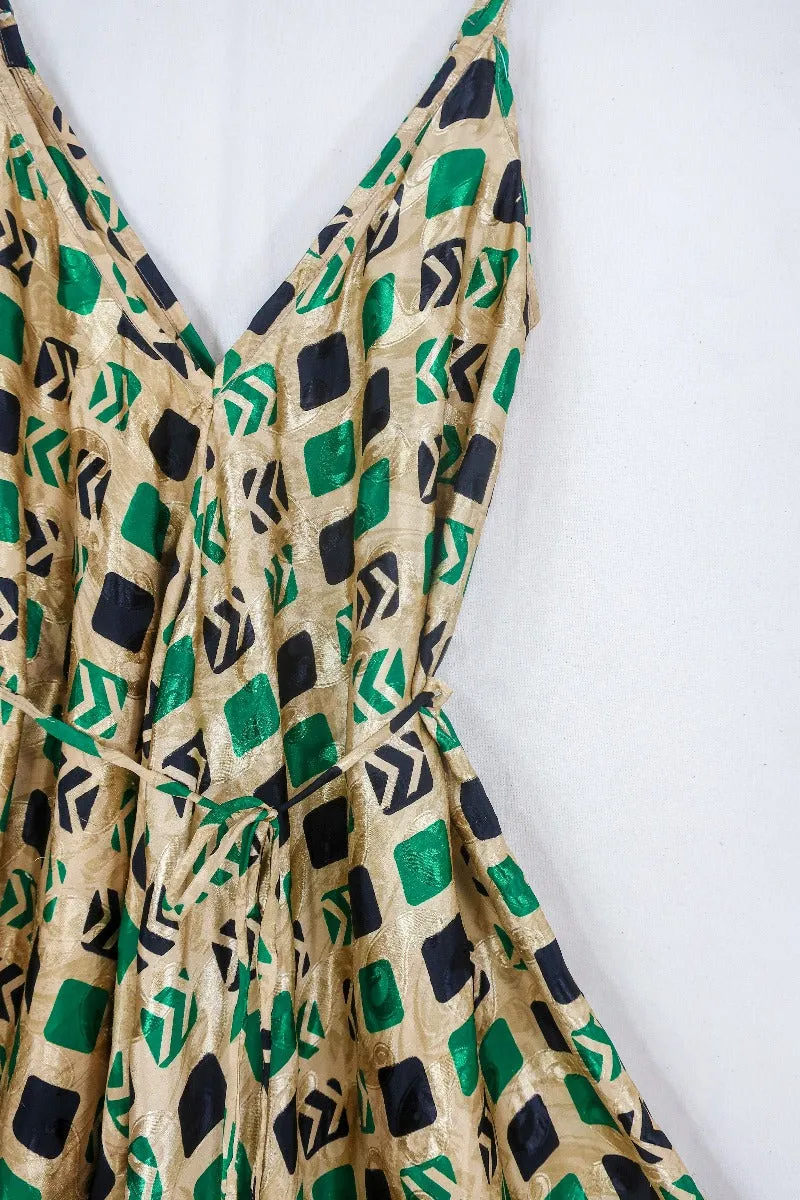Winona Jumpsuit - Vintage Sari - Gold & Emerald Checkered Print - S/M