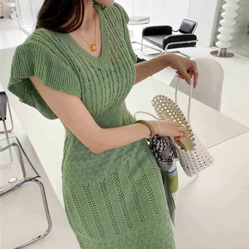 Wjczt 2022 Elegant Slim Knit Long Dress Women Summer Korean Simple Solid Sexy Hollow Out Deresses Female 2 Piece Set Derss