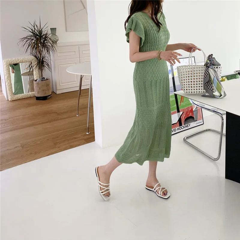 Wjczt 2022 Elegant Slim Knit Long Dress Women Summer Korean Simple Solid Sexy Hollow Out Deresses Female 2 Piece Set Derss