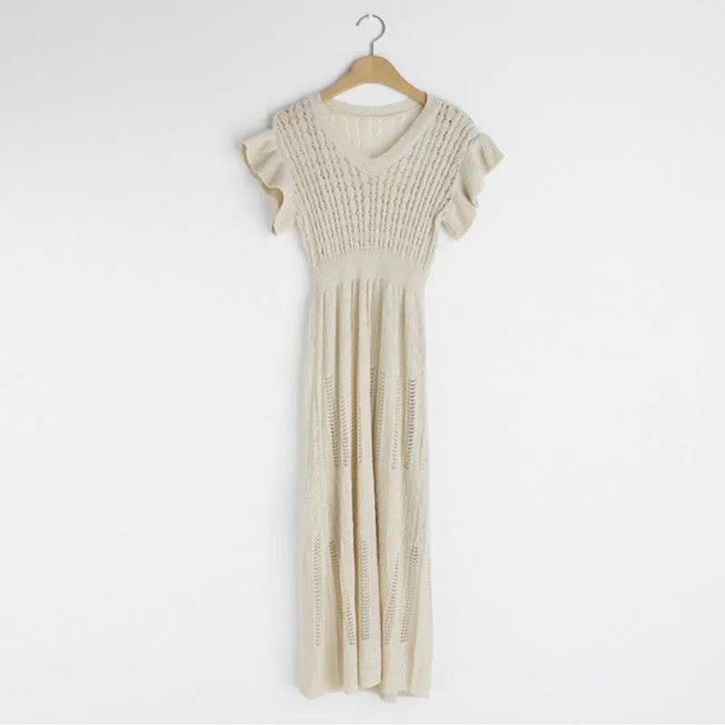 Wjczt 2022 Elegant Slim Knit Long Dress Women Summer Korean Simple Solid Sexy Hollow Out Deresses Female 2 Piece Set Derss