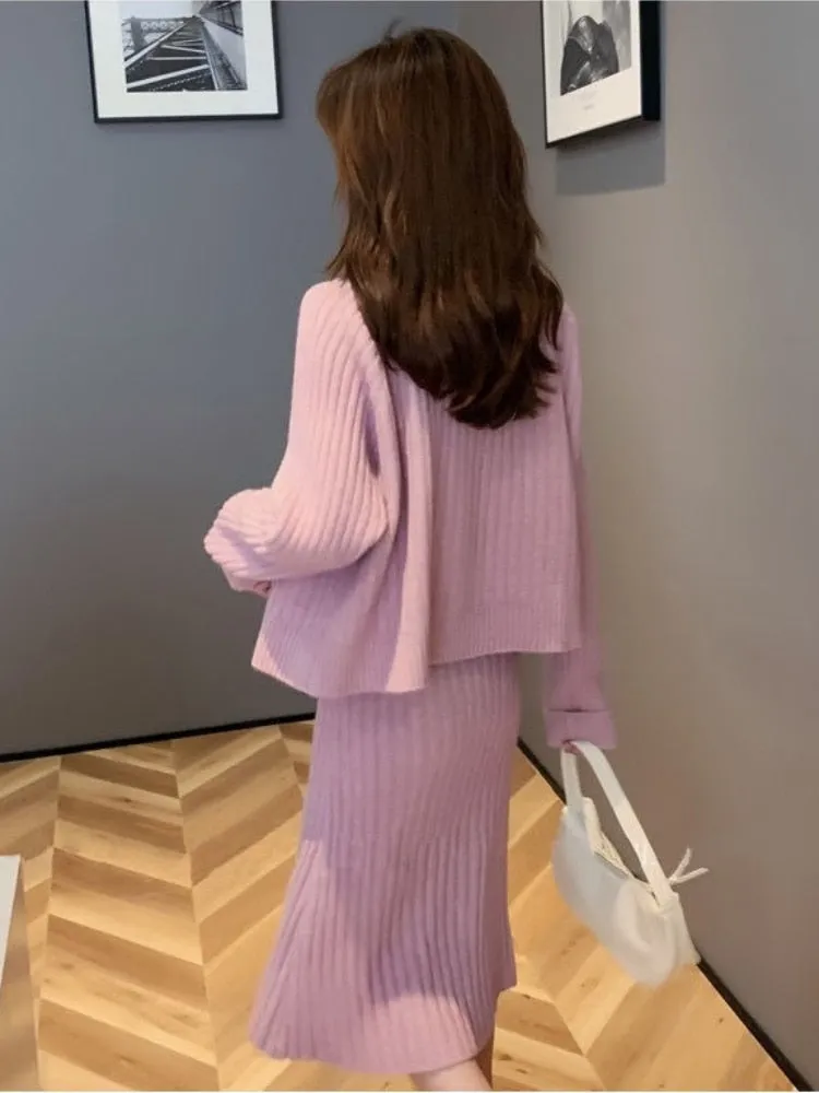 Wjczt Womans Clothes for Autumn Winter Loose Solid Knitwear Women's Two Piece V-Neck Casual Dress Set Long Sleeve Sweater Skirt