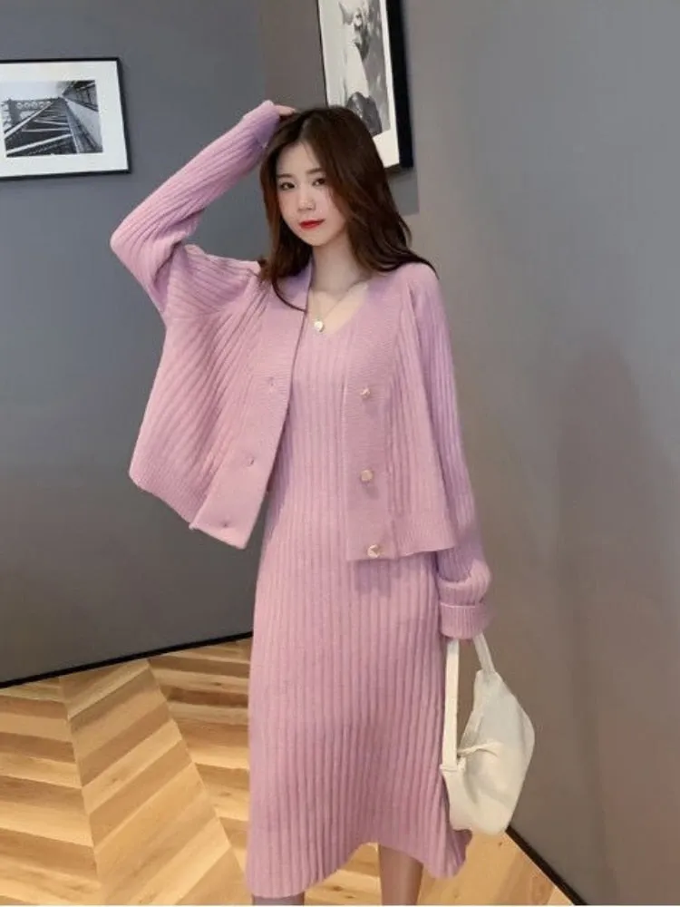 Wjczt Womans Clothes for Autumn Winter Loose Solid Knitwear Women's Two Piece V-Neck Casual Dress Set Long Sleeve Sweater Skirt