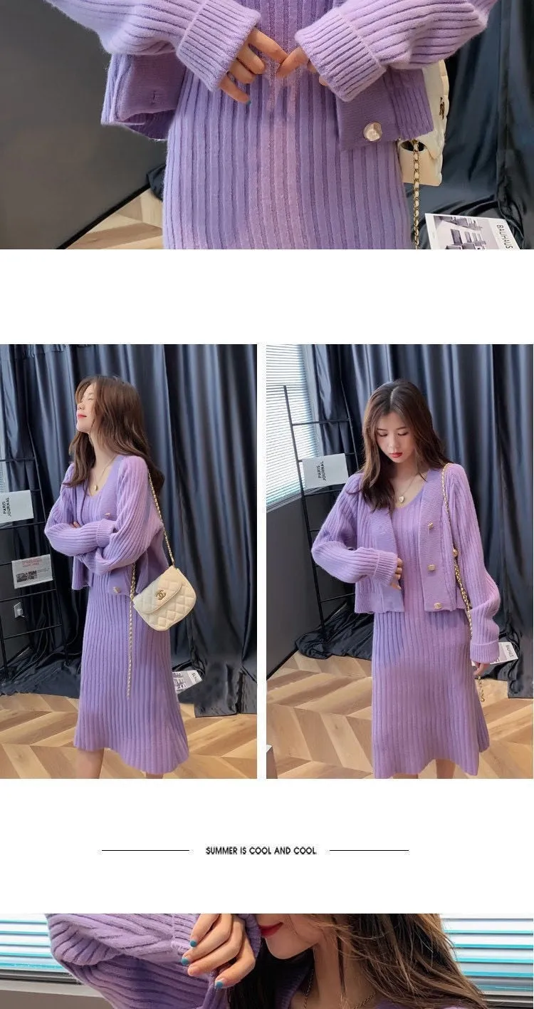 Wjczt Womans Clothes for Autumn Winter Loose Solid Knitwear Women's Two Piece V-Neck Casual Dress Set Long Sleeve Sweater Skirt
