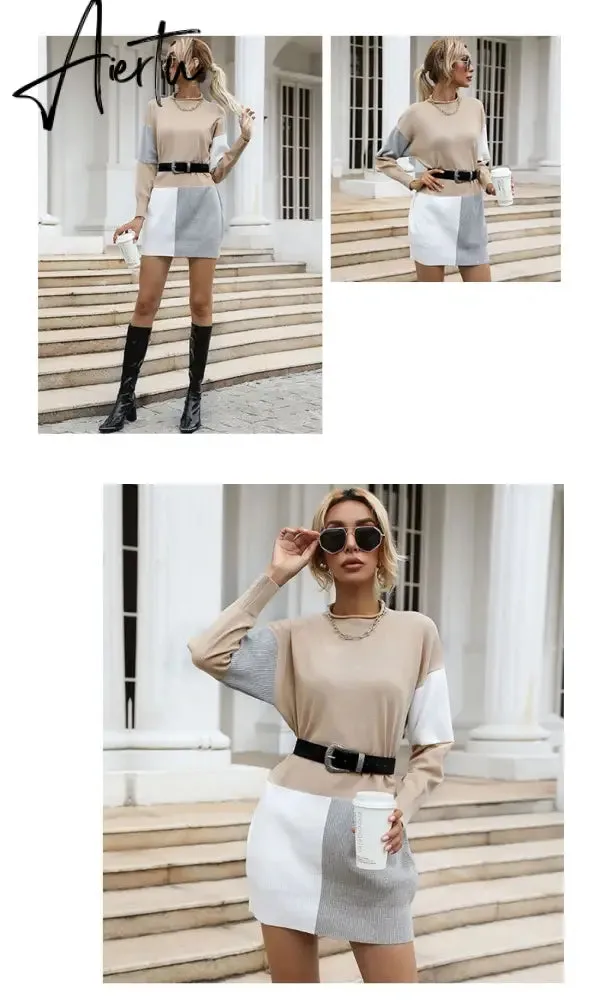 Women Patch work Tunic Sweater, Female Autumn Winter Knitted Pullover Mini Dress.