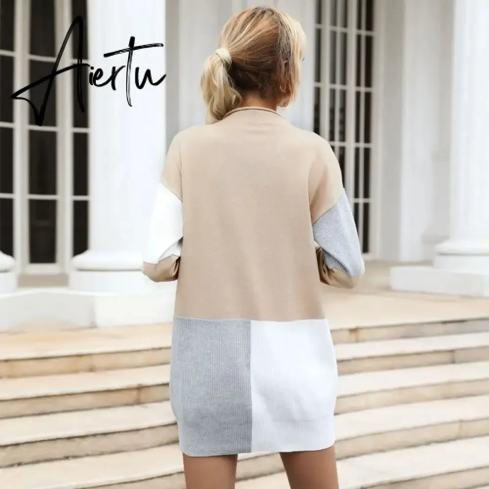 Women Patch work Tunic Sweater, Female Autumn Winter Knitted Pullover Mini Dress.