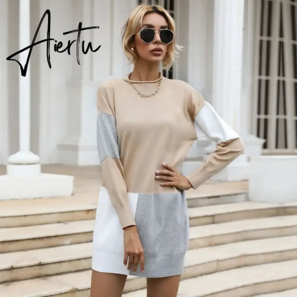 Women Patch work Tunic Sweater, Female Autumn Winter Knitted Pullover Mini Dress.