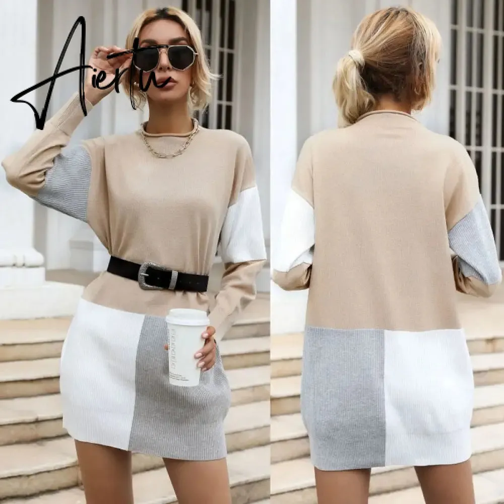 Women Patch work Tunic Sweater, Female Autumn Winter Knitted Pullover Mini Dress.